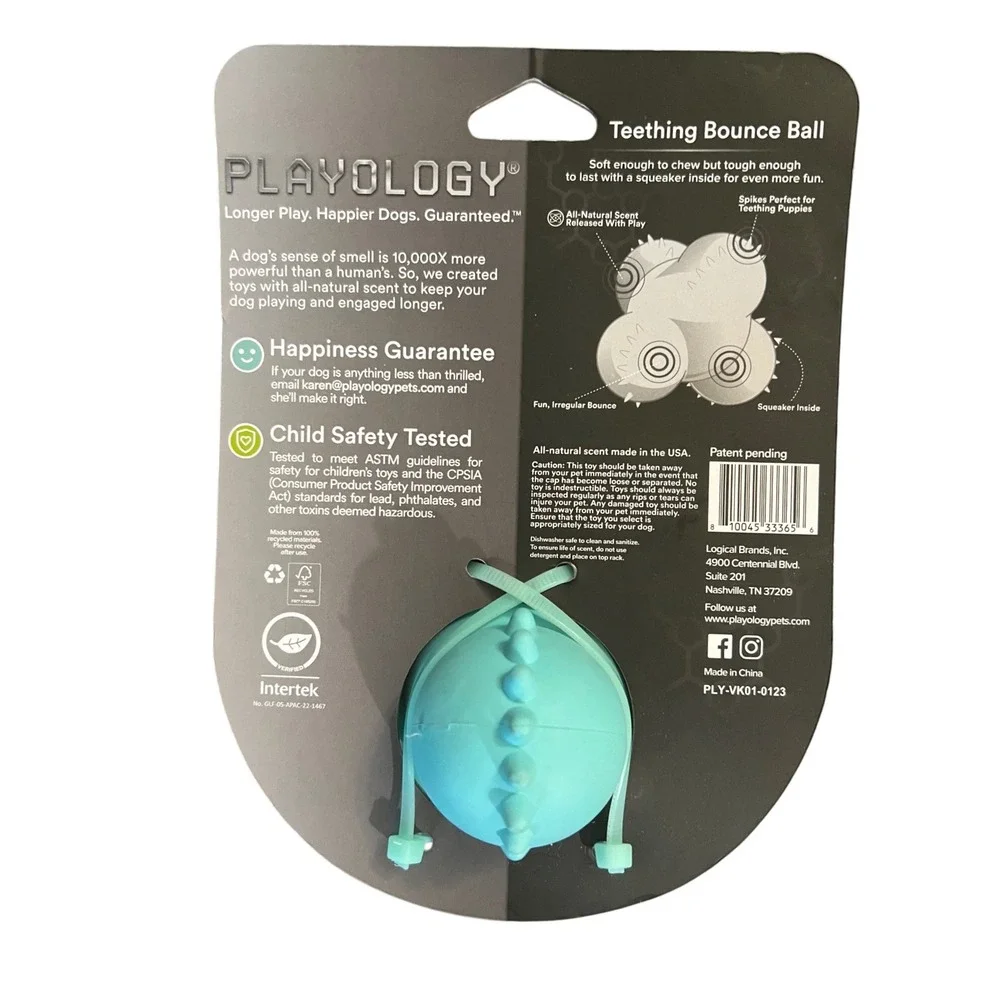 Playology Puppy Teething Bounce Ball Peanut Butter Scent Blue Toy up to 60lbs